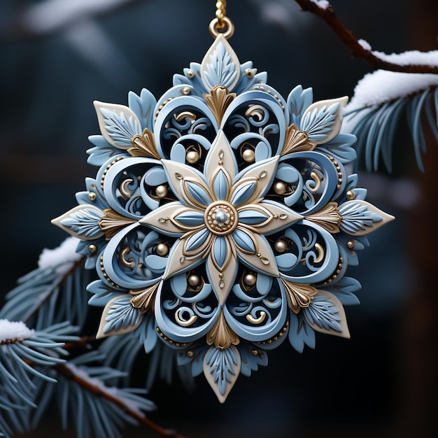 O Ornamento de Flocos de Neve Azul e Dourado gerado pela IA