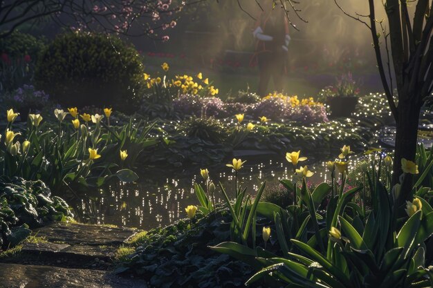 Foto o orvalho da manhã cedo em flores recém-plantadas em um jardim de primavera