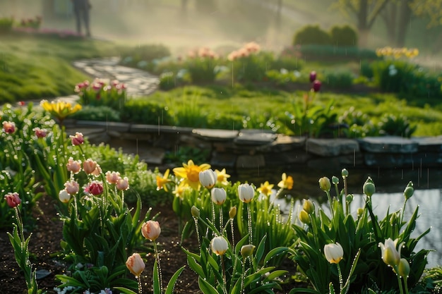 O orvalho da manhã cedo em flores recém-plantadas em um jardim de primavera