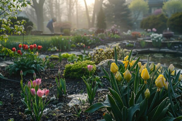 Foto o orvalho da manhã cedo em flores recém-plantadas em um jardim de primavera