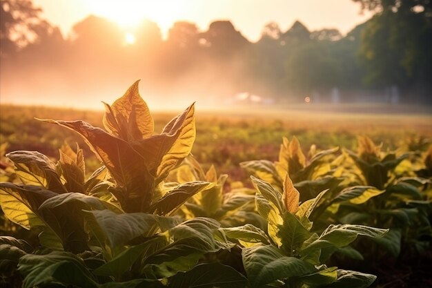 Foto o orvalho da manhã nas folhas de tabaco em flor