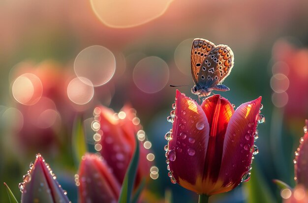 O orvalho da manhã nas tulipas com borboletas