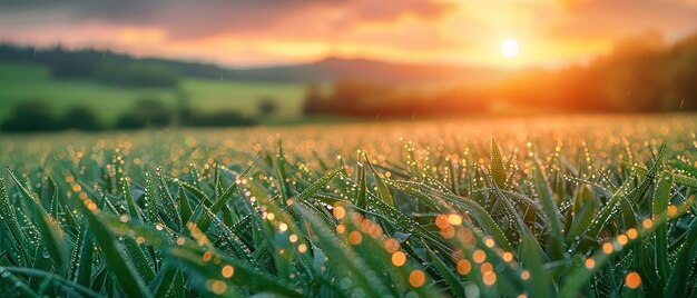 O orvalho matinal em terras agrícolas orgânicas frescas ao nascer do sol é sereno