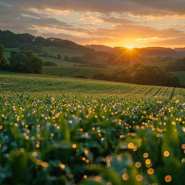 O orvalho matinal em terras agrícolas orgânicas frescas ao nascer do sol é sereno