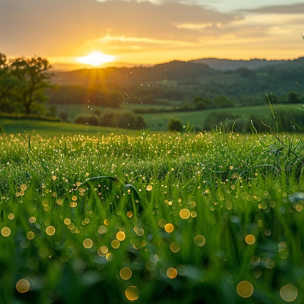 O orvalho matinal em terras agrícolas orgânicas frescas ao nascer do sol é sereno