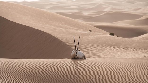 O oryx árabe relaxando em uma duna de areia no deserto