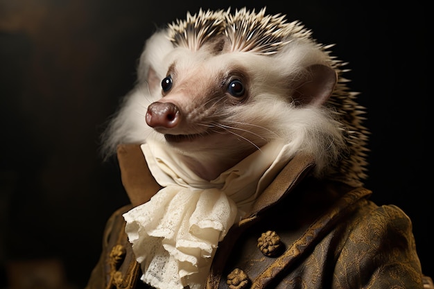 Foto o ouriço antropomórfico de shakespeare em trajes clássicos, um animal imaginário engraçado.