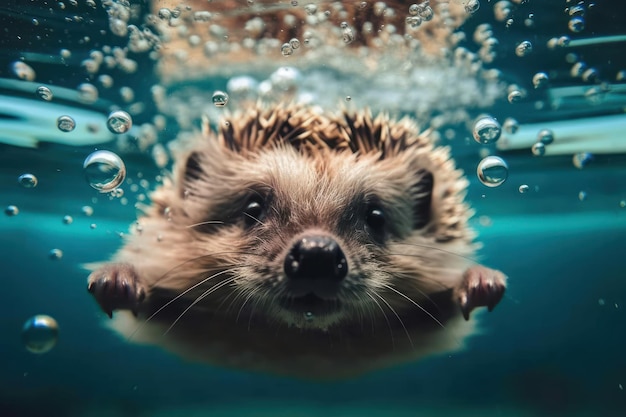 O ouriço está mergulhando debaixo d'água Bela imagem de ilustração IA generativa
