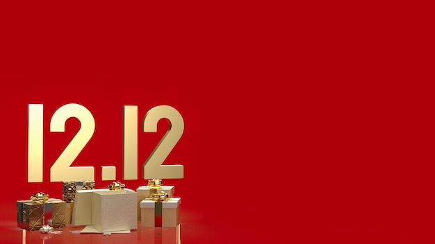 O ouro 1212 e caixa de presente em fundo vermelho para dia de compras ou promoção de marketing 3d renderingxA