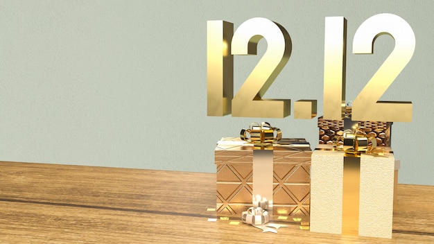 O ouro 1212 e caixa de presente na mesa de madeira para dia de compras ou promoção de marketing 3d renderingxA