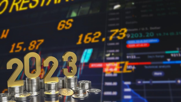 O ouro e moedas de 2023 para renderização 3d de conceito de negócios