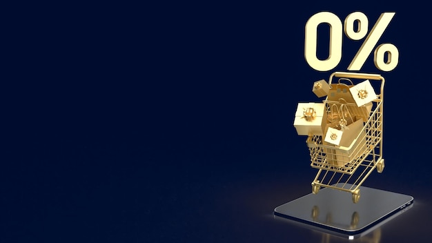 O ouro zero por cento no carrinho de compras para renderização em 3d do conceito de promoção