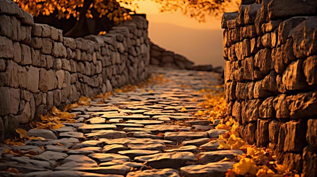 Foto o outono dourado cobre um caminho de paralelepípedos junto a muralhas de pedra ao pôr-do-sol numa cidade tranquila