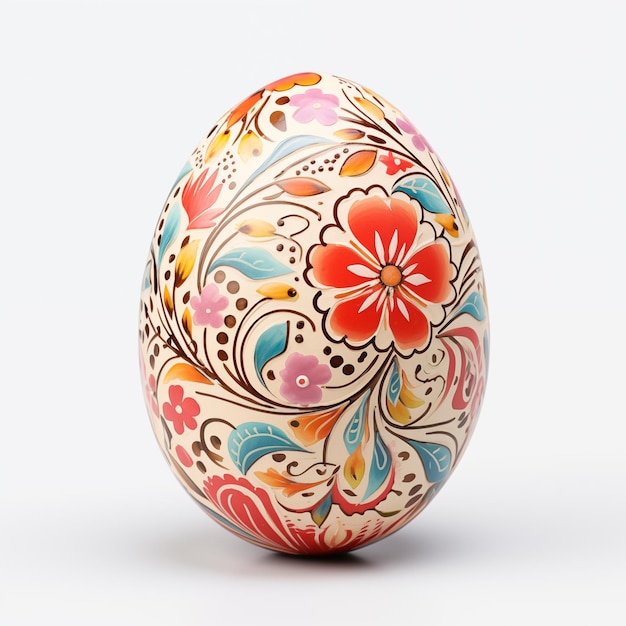 O ovo de Páscoa decorativo de perto decorado com ornamento floral pintado à mão isolado em branco