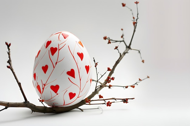 O ovo de Páscoa festivo adornado com corações vermelhos em fundo branco para texto Conceito Ovos de Páscua Corações Vermelhos Brancos