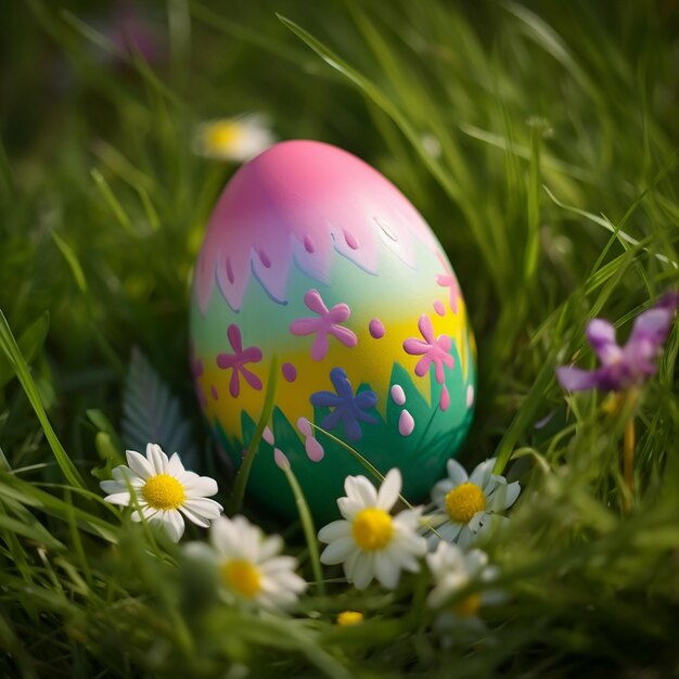 Foto o ovo de páscoa no campo de grama verde no prado de primavera