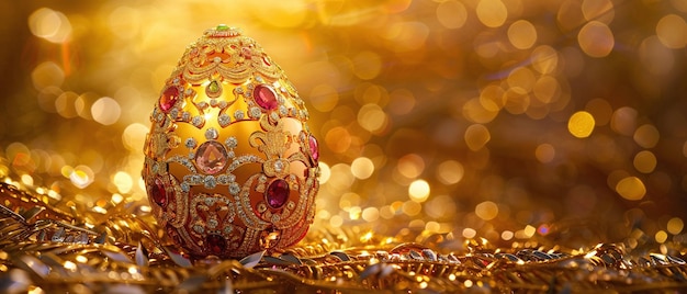 O ovo dourado decorado com rubis e diamantes sobre um fundo de ornamentação dourada