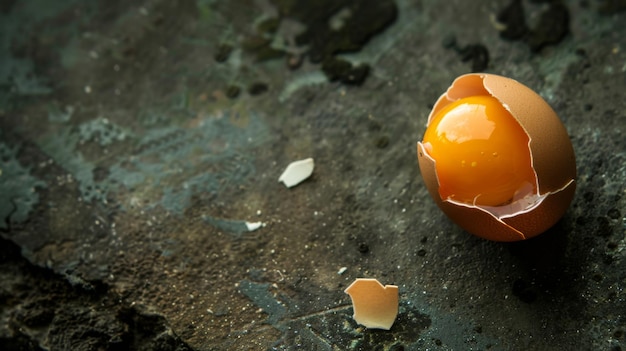 Foto o ovo quebrado em uma mesa de madeira