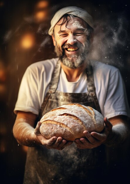 Foto o padeiro está a fazer no forno pão de fermento fresco com massa de farinha na mesa generative ai