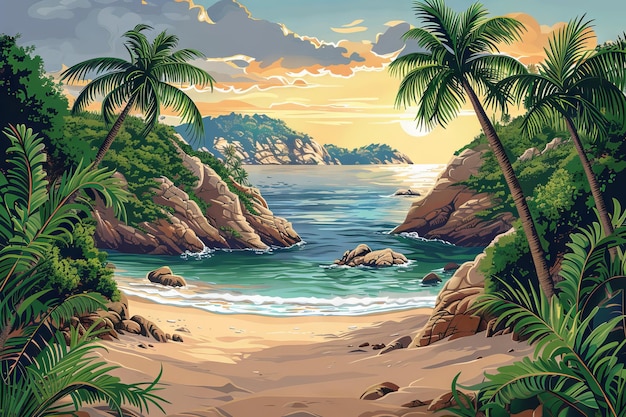 O padrão de ilha sem costura é desenhado em um estilo desenhado à mão com palmeiras praia e oceano com palmeira em um fundo bege claro