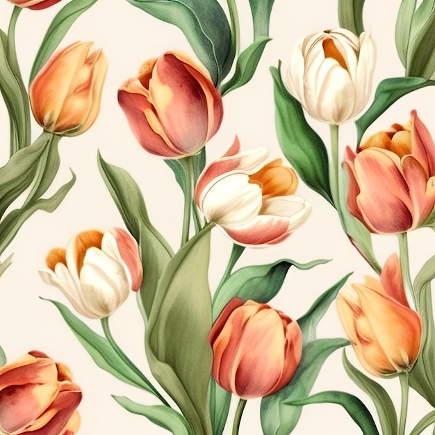 O padrão de tulipas em um fundo branco em cores pastel é gerado AI