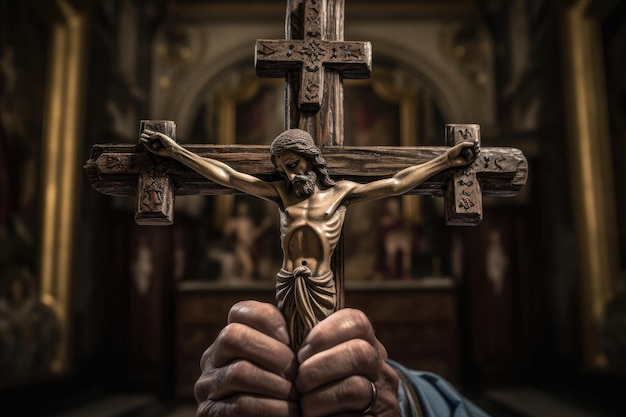 O padre da igreja guarda a cruz religiosa nas mãos Generative AI