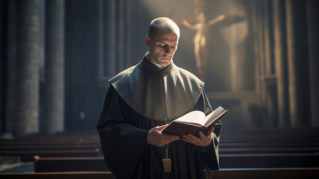 Foto o padre lê uma oração na igreja.