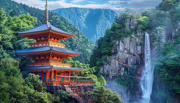 O pagode japonês fica em frente a uma cachoeira serena, acrescentando tranquilidade à paisagem. Celebração do Dia do Patrimônio Mundial