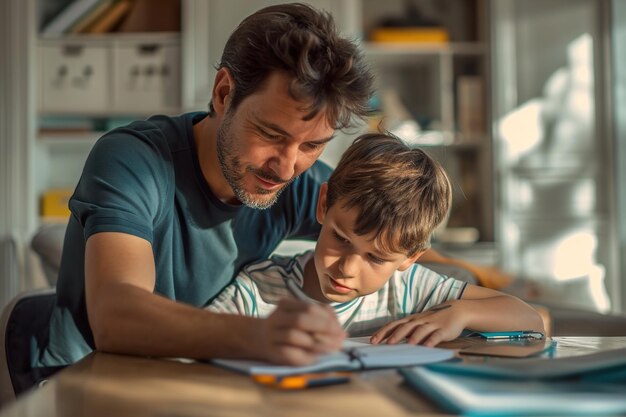 Foto o pai ajuda o filho a fazer a lição de casa