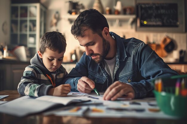 Foto o pai ajuda o filho a fazer a lição de casa