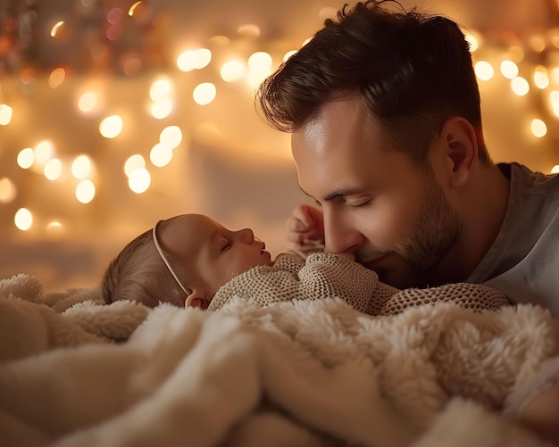 O pai balança o bebé para dormir canções de ninar suaves