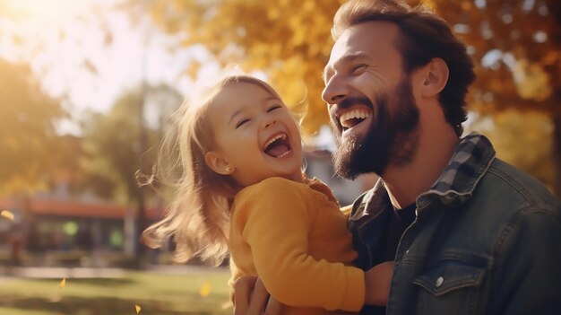 O pai brinca com a menina que ri. A menina feliz vomita.