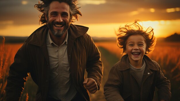 O pai e o filho passam o tempo nos campos.