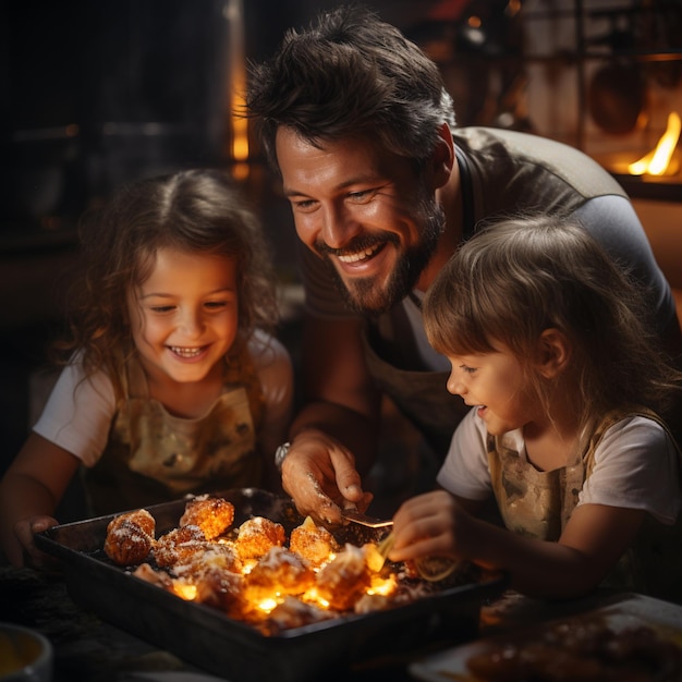 O pai e os filhos preparam a comida.