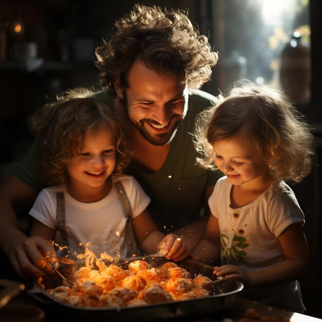 Foto o pai e os filhos preparam a comida.