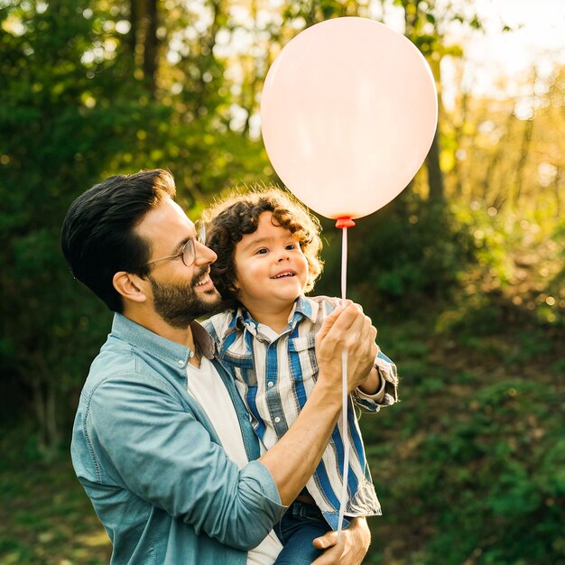 Foto o pai está dando um balão ao seu filho sorridente