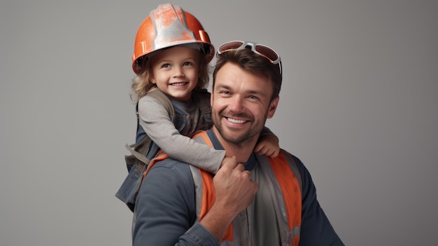 Foto o pai está dando uma carona para seu filho pequeno encantado que está usando um chapéu de segurança