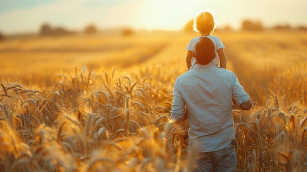 O pai mostra à filha um grande campo de centeio.