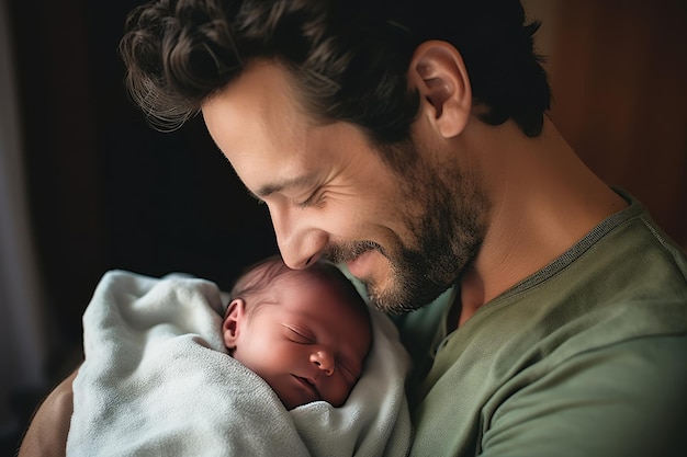 O pai novo embala seu bebê recém-nascido em seus braços