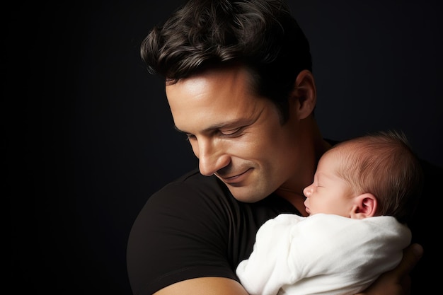 O pai novo embala seu bebê recém-nascido em seus braços