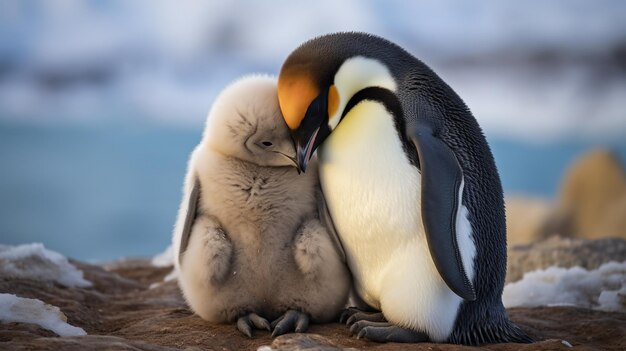 Foto o pai pinguim abriga ternamente seu filhote sob sua asa protetora, abraçando o amor parental