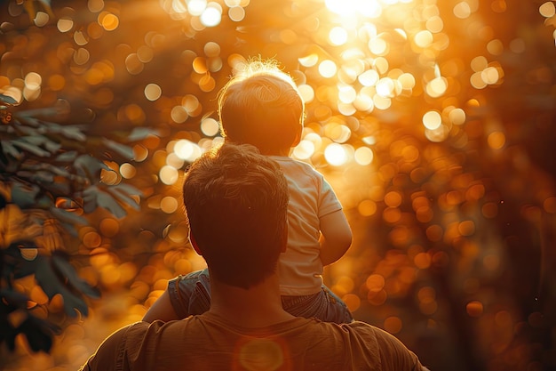 O pai segura o bebê contra o fundo do sol de verão