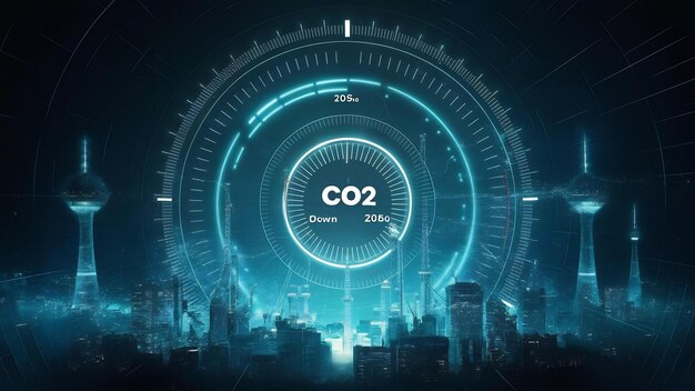 Foto o painel digital 3d do medidor de nível de co2 reduz a percentagem de emissões nulas até 2050