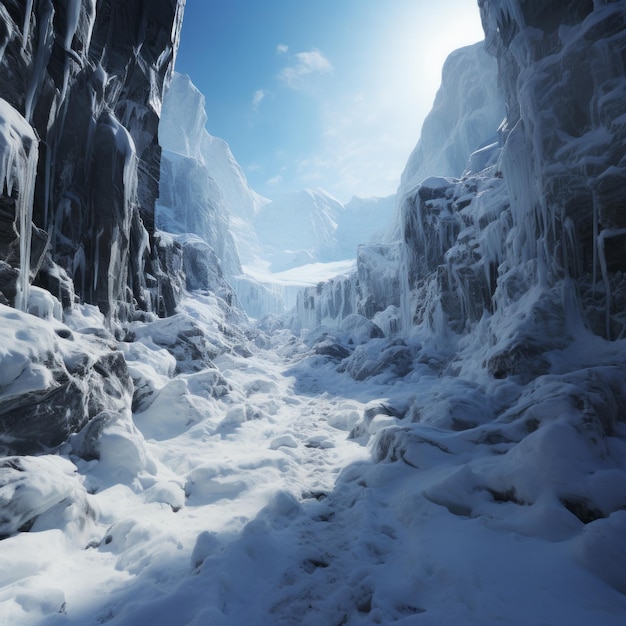 O País das Maravilhas Congeladas cria uma imagem encantadora com massas majestosas de gelo e neve brilhante