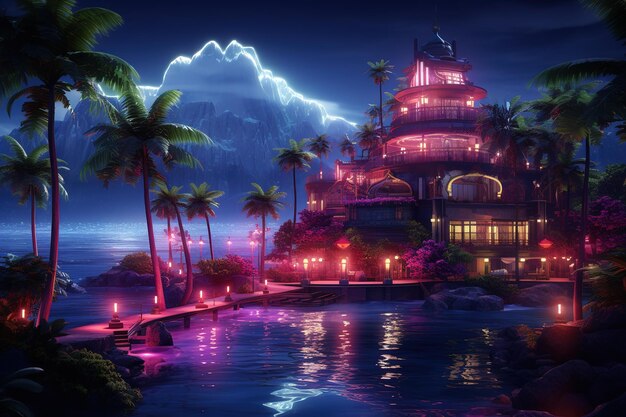 o palácio da lua fantasia noite paisagem ilha de néon