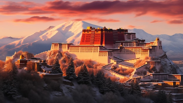 Foto o palácio de potala, em lhasas, acorda em luz dourada