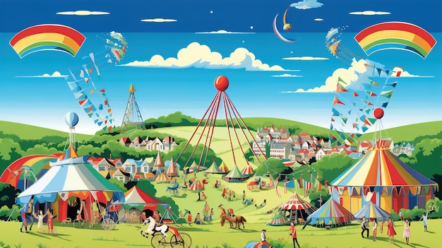 O palco de Glastonbury com silhuetas de pessoas assistindo o festival, realizado todos os anos na Worthy Farm em Pilton, Somerset, no Reino Unido, comemora o Glastonbury Festival.