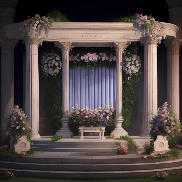 O palco do casamento adornado com requintadas decorações florais ao ar livre