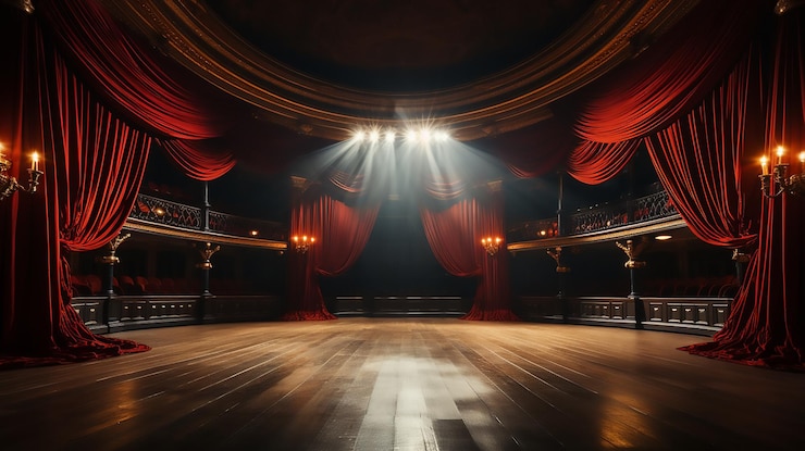 Foto o palco do show com cortinas vermelhas está abrindo com as luzes de desempenho dos holofotes mostrando
