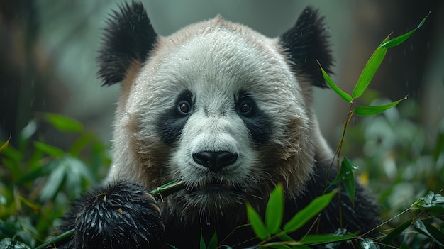 O panda comendo bambu na floresta